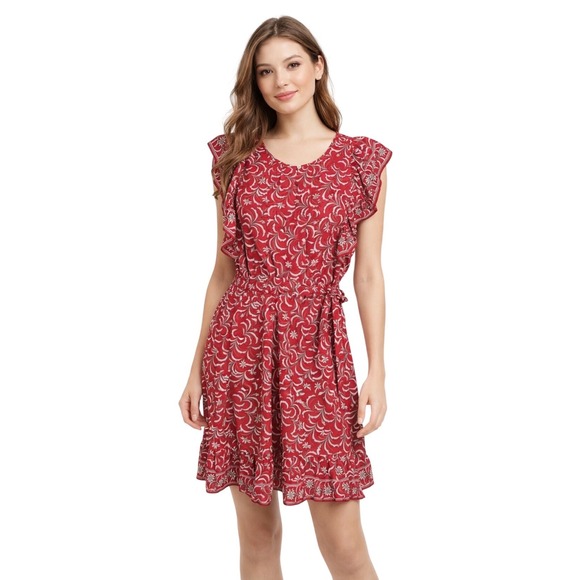 MAX STUDIO Red Floral Ruffle Sleeve Tie Waist Midi Dress Women's Size M